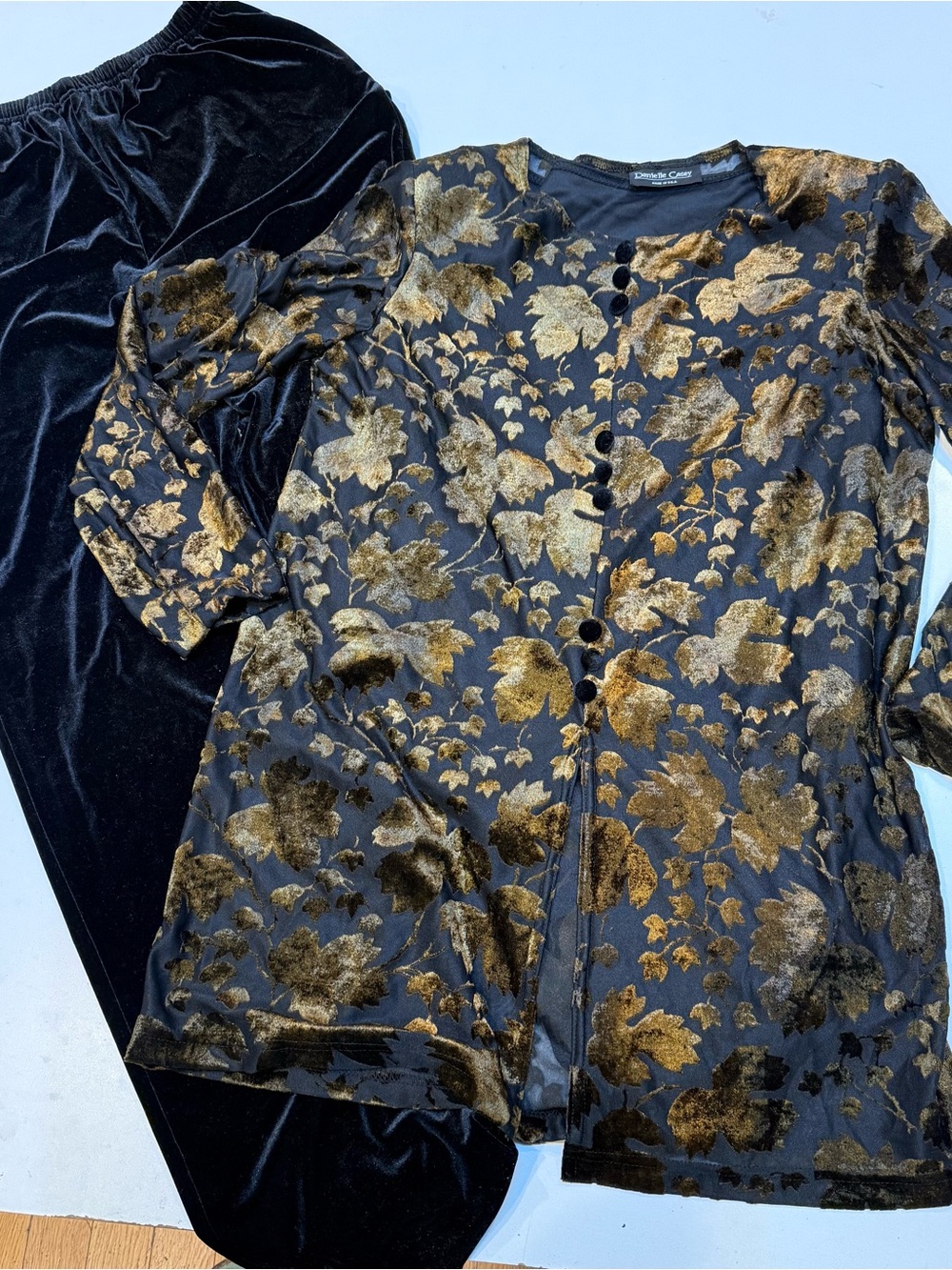 Velvet Black pants with Gold Floral Burnout top
